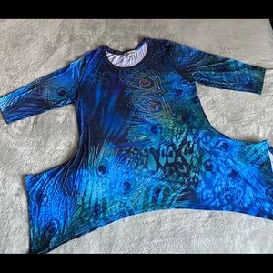 Peacock accented long sleeve asymmetric shirt